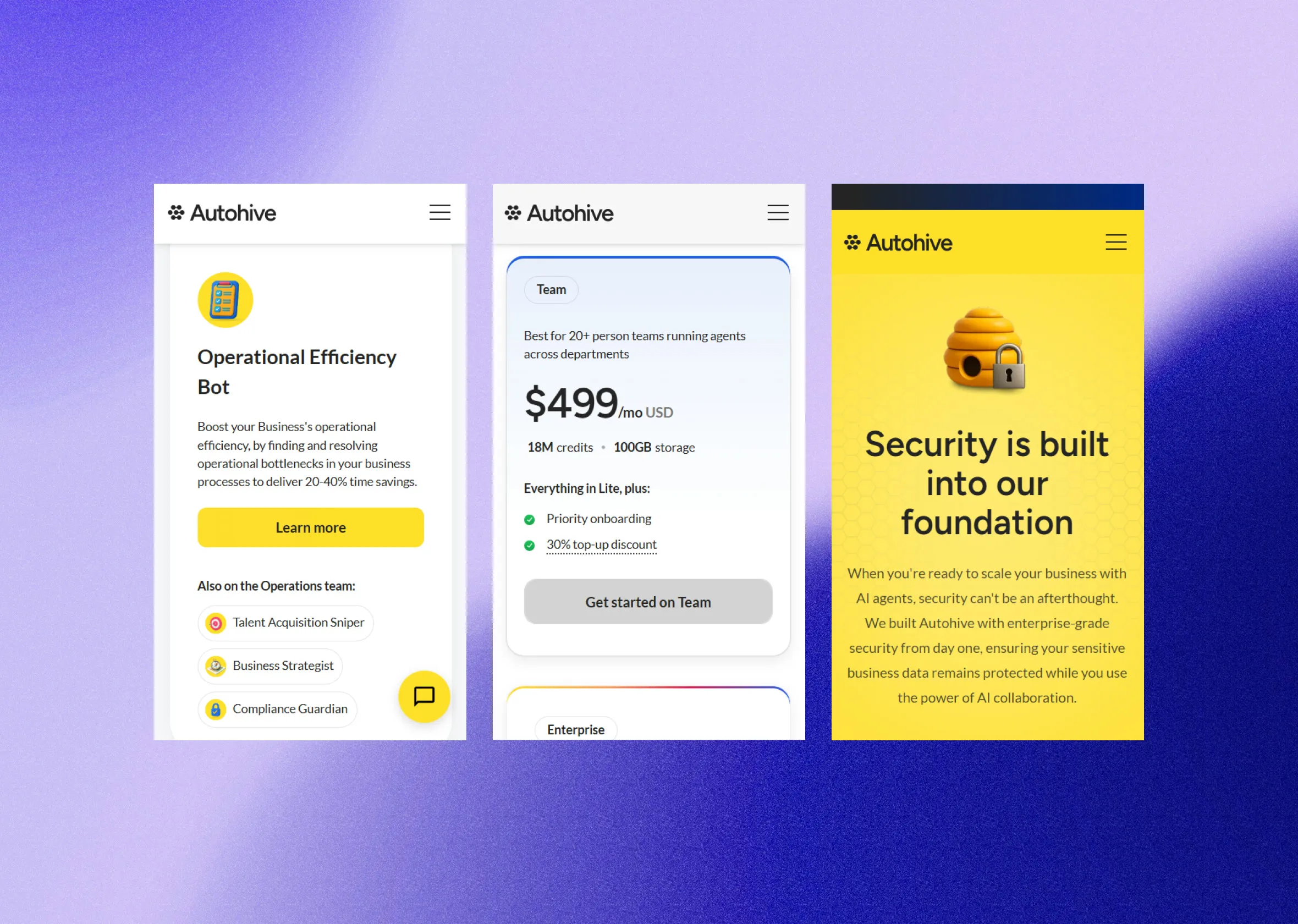 Three Autohive app screens on a violet gradient: an efficiency bot, a plan, and the security page.