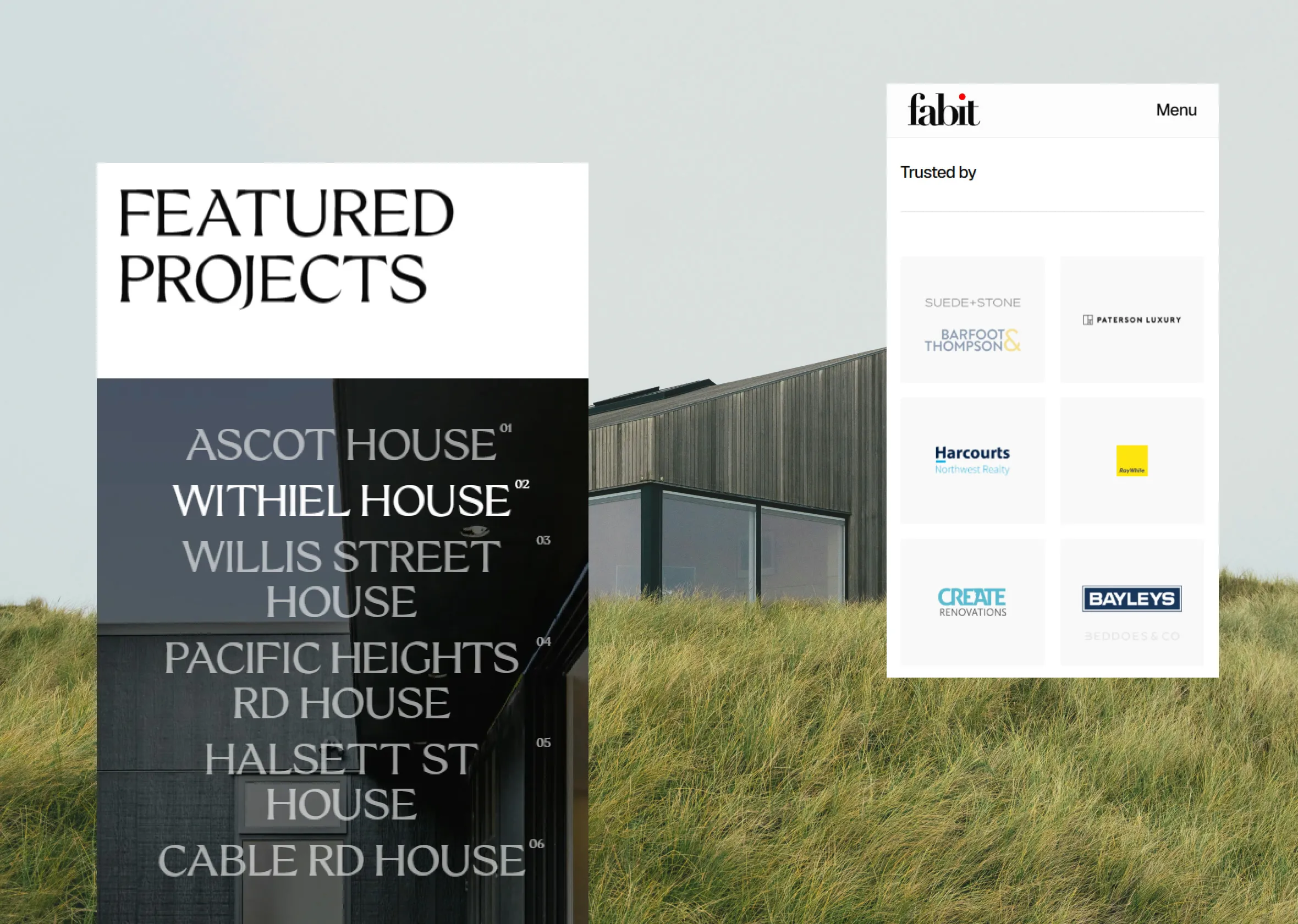 The Fabit featured projects list over a photograph of a house, with the mobile menu beside it.