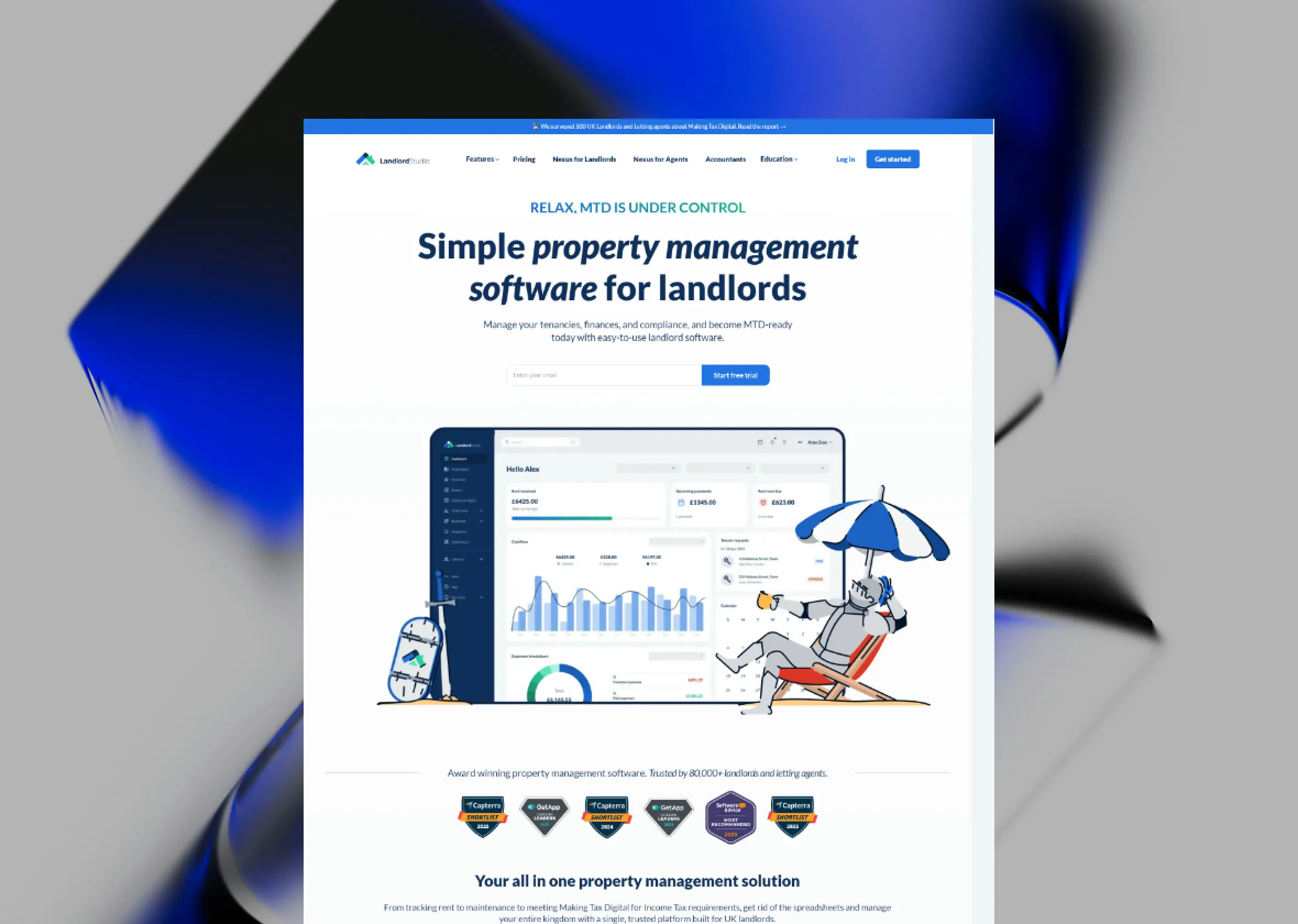 The Landlord Studio home page: "Simple property management software for landlords."