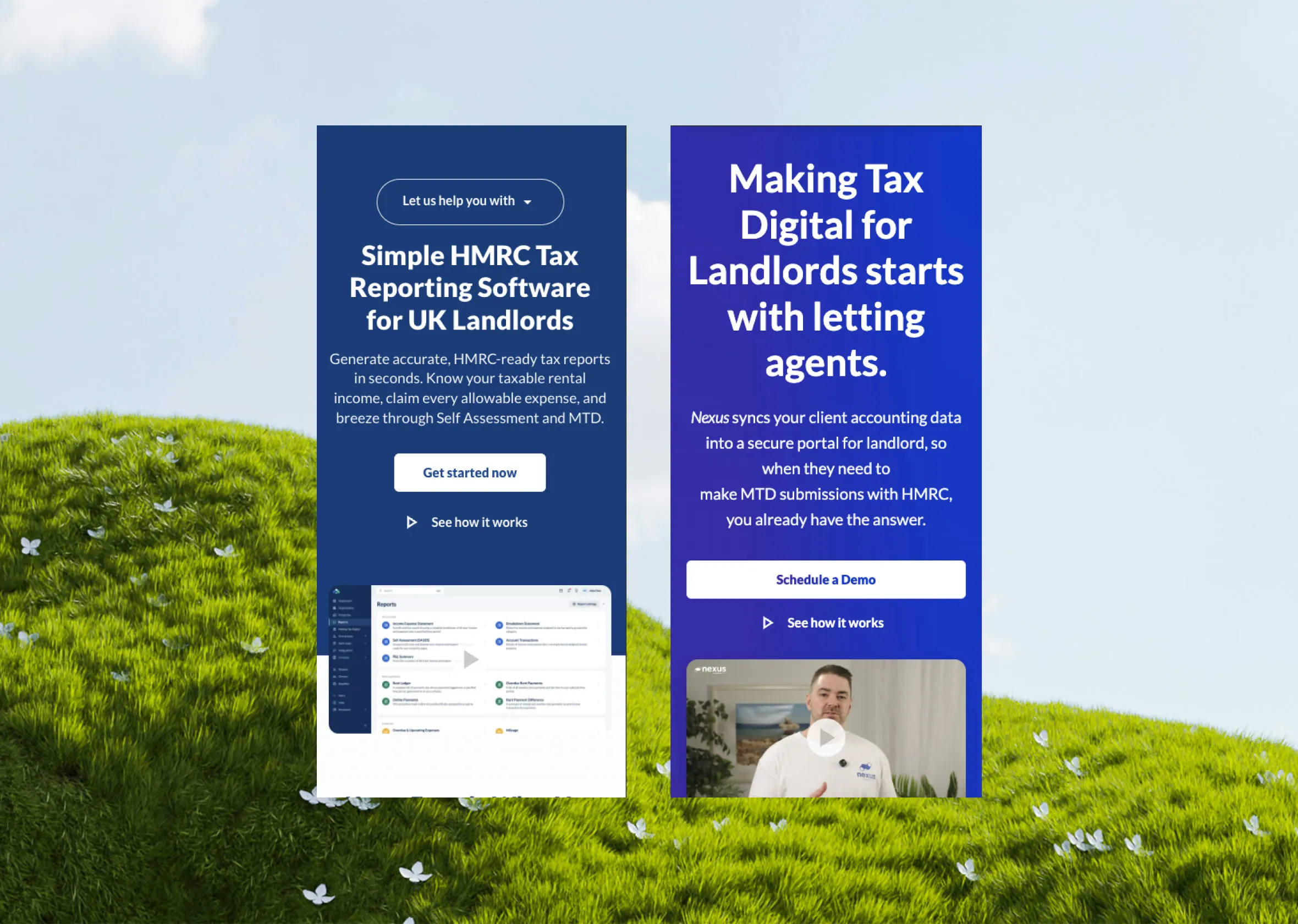 Two Landlord Studio mobile screens over a grass field: HMRC tax reporting for UK landlords.
