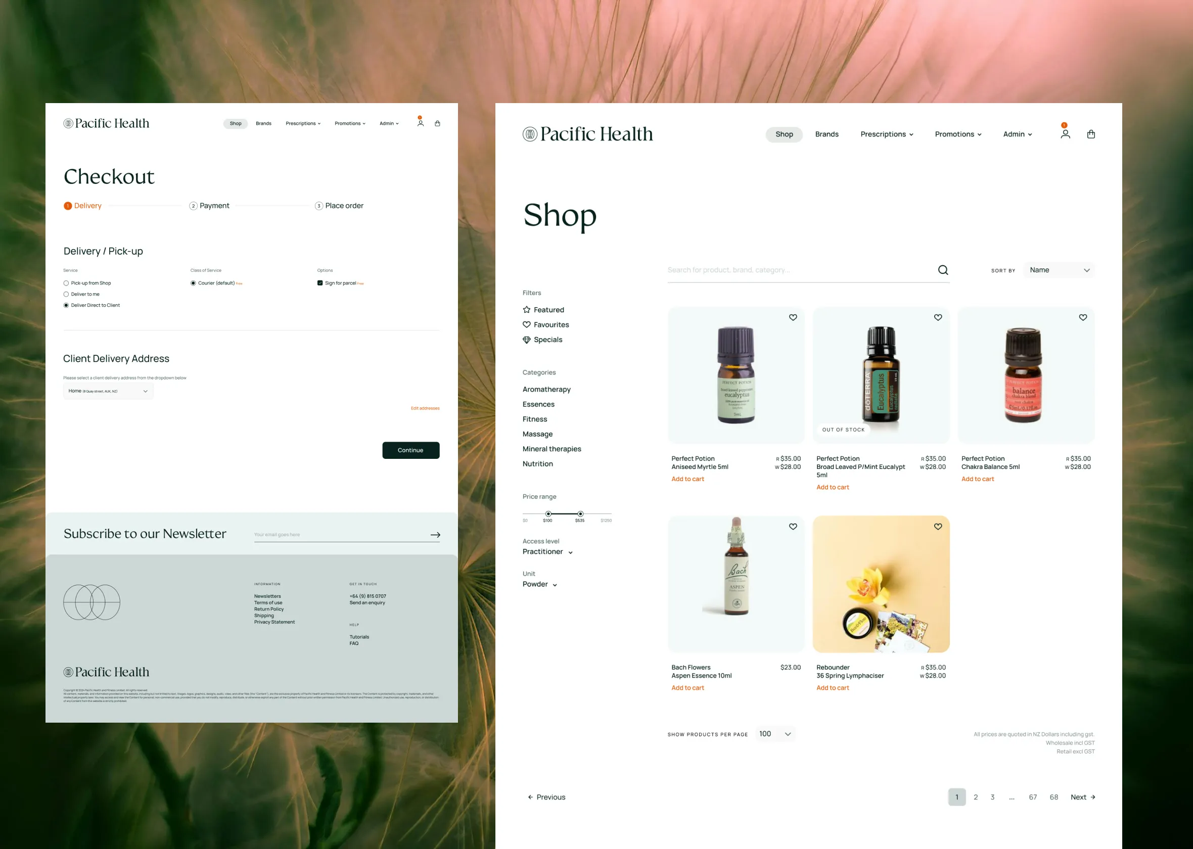 The Pacific Health checkout and shop pages side by side over a plant photograph.