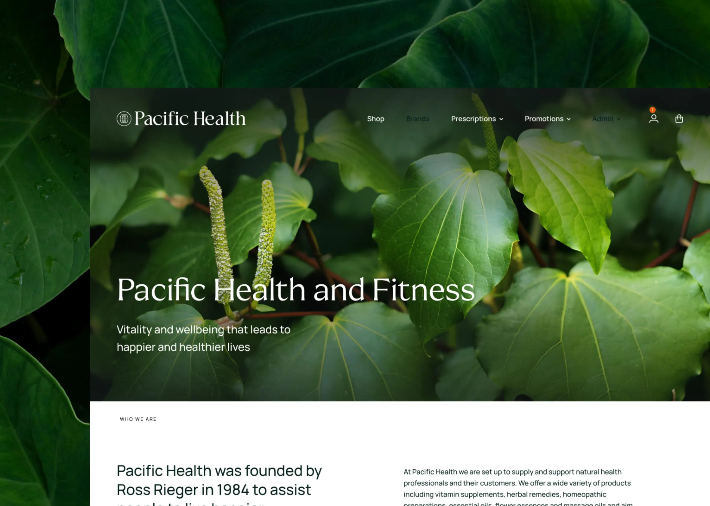 The Pacific Health about page over green leaves, on the company's founding in 1984.