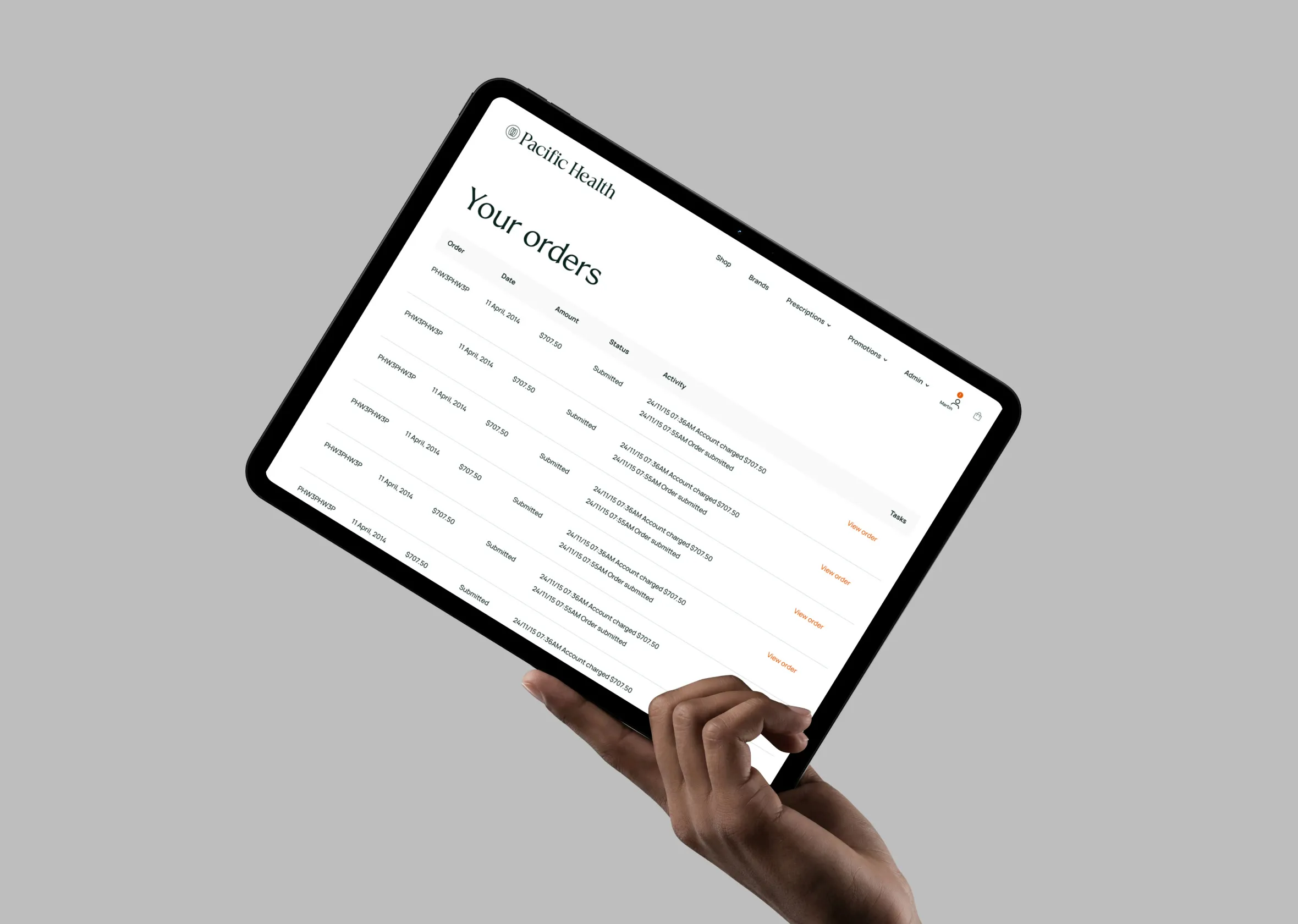 A Pacific Health orders page on a tablet held in one hand.