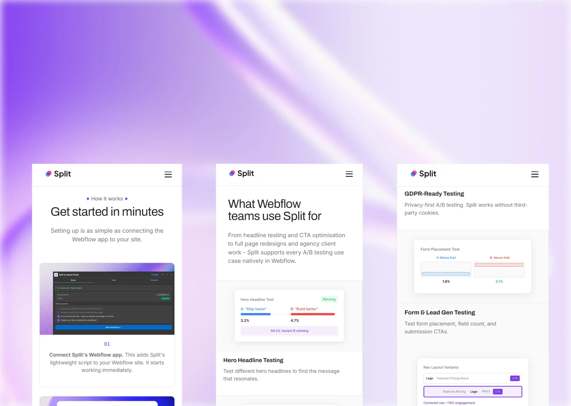 Three Split mobile screens on lavender: getting started, what Webflow teams use it for, and GDPR-ready testing.